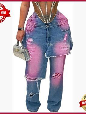 Ripped Baggy Jeans High Waist Wide Leg Patchwork Distressed Stretchy